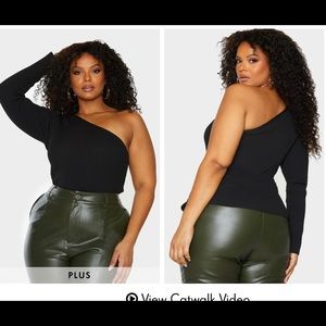 Plus Black Asymmetric One Sleeve Knitted Rib Top